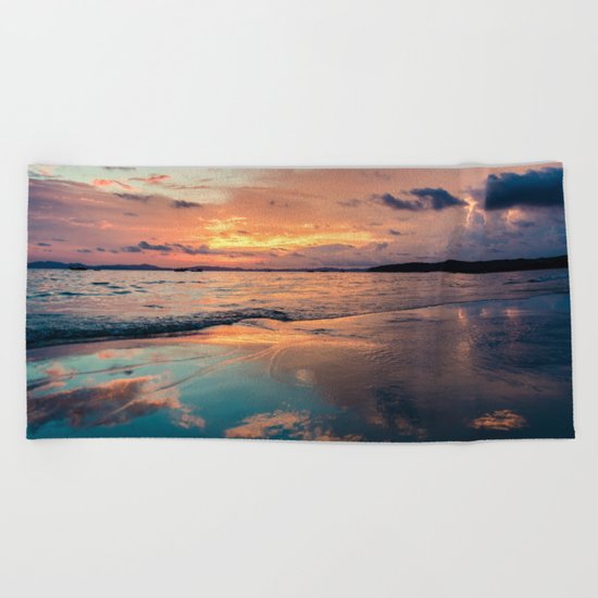 Beautiful Summer Beach Sunset Reflection Beach Towel