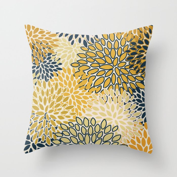 Floral Prints, Abstract Art, Navy Blue and Mustard Yellow, Coloured Prints Throw Pillow
