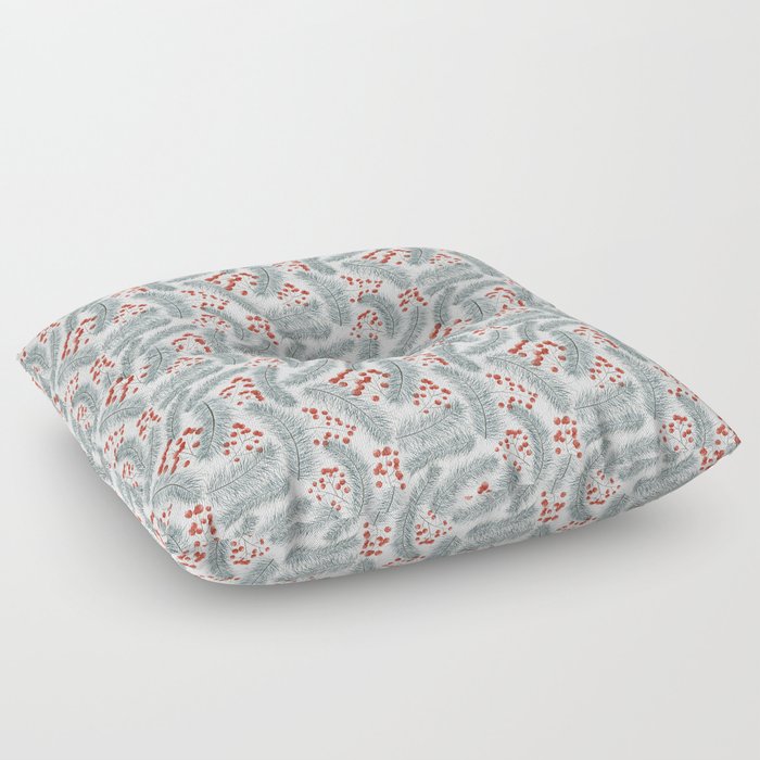Pine branches and red berries on white Floor Pillow