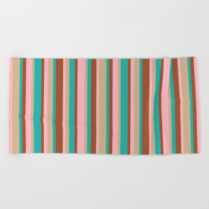 Sienna, Light Sea Green, Tan & Light Pink Colored Stripes Pattern Beach Towel