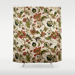 Red Green Jacobean Floral Embroidery Pattern Shower Curtain