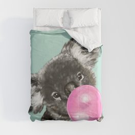 Playful Koala Bear with Bubble Gum in Green Comforter