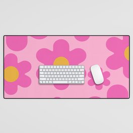 Simple Retro Flowers on Pink Background Desk Mat
