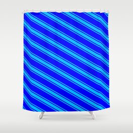 [ Thumbnail: Blue & Deep Sky Blue Colored Lines/Stripes Pattern Shower Curtain ]