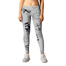 Light Grey And Blue Silhouettes Of Vintage Nautical Pattern Leggings