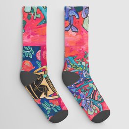 Persephone Painting - Bouquet of Iris and Strelitzia Flowers in Greek Horse Vase Against Coral Pink Socks