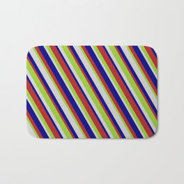 [ Thumbnail: Green, Light Gray, Blue, and Red Colored Lined Pattern Bath Mat ]