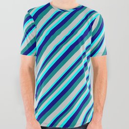 [ Thumbnail: Aqua, Blue, Dark Cyan, and Light Gray Colored Lined/Striped Pattern All Over Graphic Tee ]