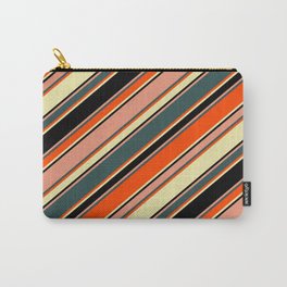 [ Thumbnail: Vibrant Dark Salmon, Dark Slate Gray, Red, Pale Goldenrod, and Black Colored Lines/Stripes Pattern Carry-All Pouch ]