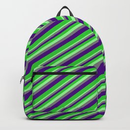 [ Thumbnail: Green, Gray, Indigo, and Lime Green Colored Stripes Pattern Backpack ]