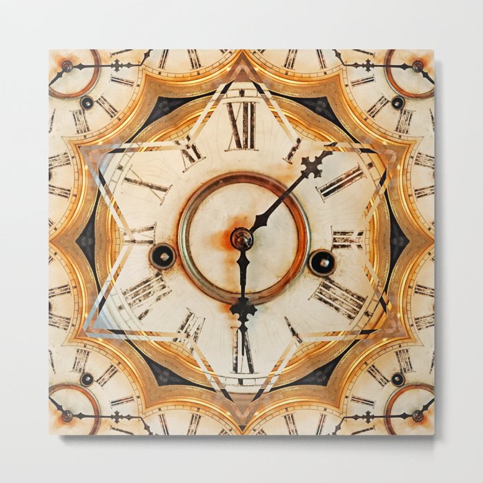 Multiple traditional antique clock faces with Roman numerals shown in conceptual  abstract shapes Metal Print