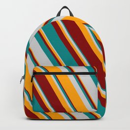 [ Thumbnail: Dark Cyan, Light Gray, Orange & Dark Red Colored Lines Pattern Backpack ]