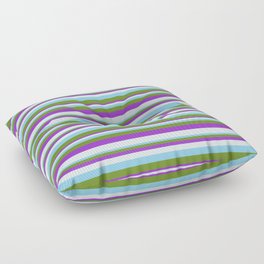 [ Thumbnail: Sky Blue, Green, Dark Orchid, and Light Cyan Colored Striped Pattern Floor Pillow ]