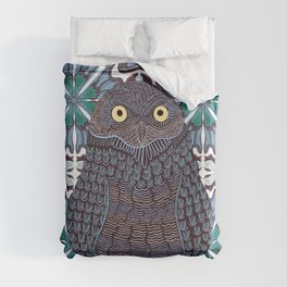 Cute burrowing owl decorated and on a patterned background - blue Duvet Cover