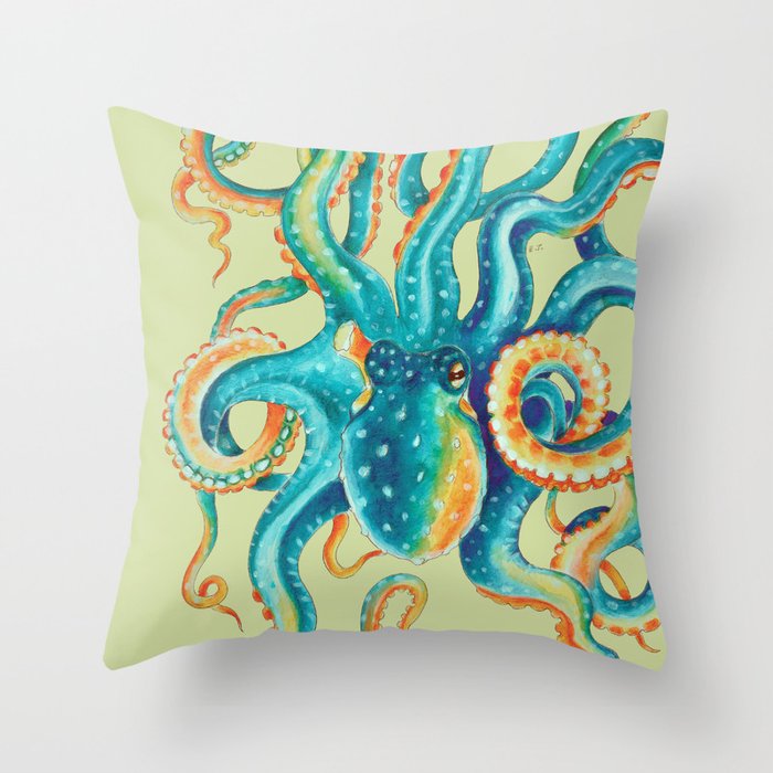 Octopus Teal Tentacles On Yellow Green Throw Pillow