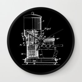 Espresso Machine Patent Artwork - White on Black Wall Clock