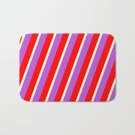 [ Thumbnail: Orchid, Red & Light Yellow Colored Lined/Striped Pattern Bath Mat ]
