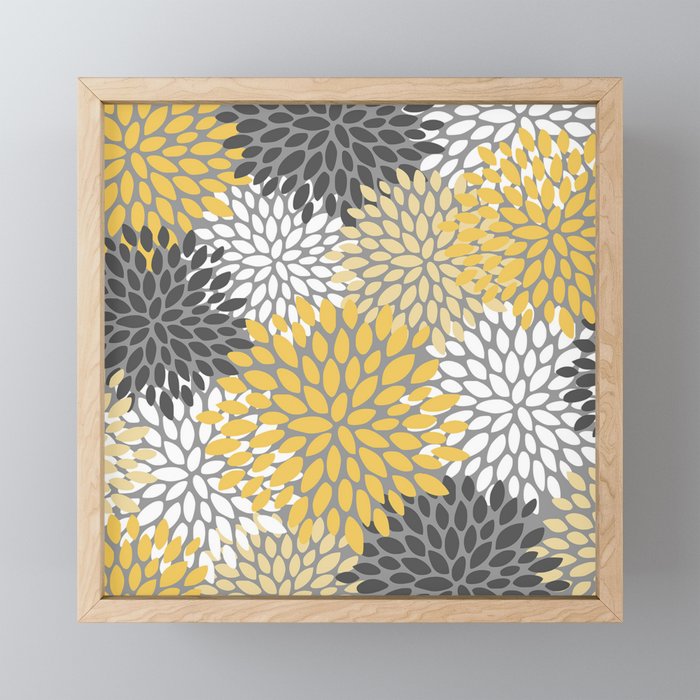 Modern Elegant Chic Floral Pattern, Soft Yellow, Gray, White Framed Mini Art Print