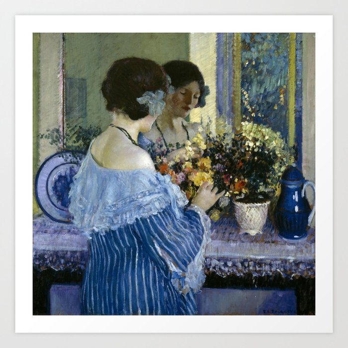 Girl in Blue Arranging Flowers 1915 Frederick C Frieseke 1874-1939 Art Print