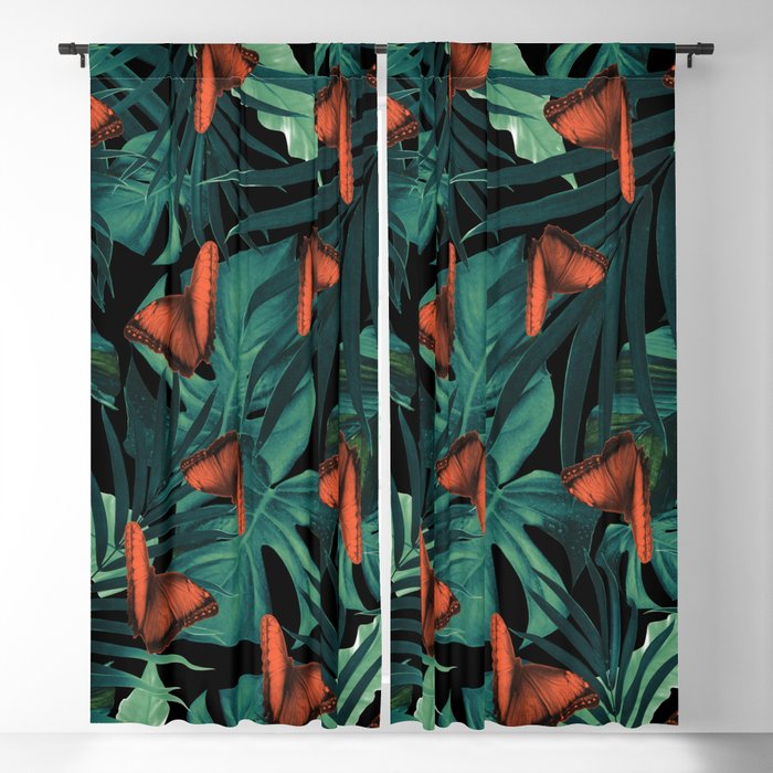 Tropical Butterfly Jungle Night Leaves Pattern #2 #tropical #decor #art #society6 Blackout Curtain