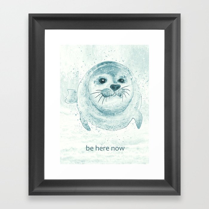 Be here now #1 - Cute baby seal swimming - Mindfulness Framed Art Print