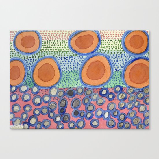 Seven Red Circles Many Brown Dots Canvas Print