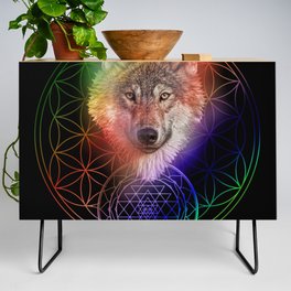 Colorful Wolf Sri Yantra Mandala Credenza