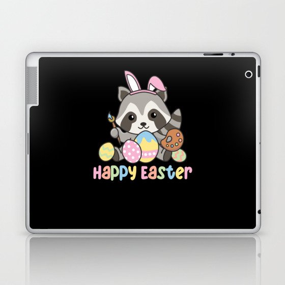 Happy Easter Cute Raccoon Easter With Easter Eggs Laptop & iPad Skin