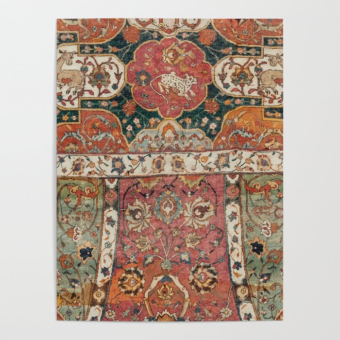 Persian Medallion Rug V // 16th Century Distressed Red Green Blue Flowery Colorful Ornate Pattern Poster