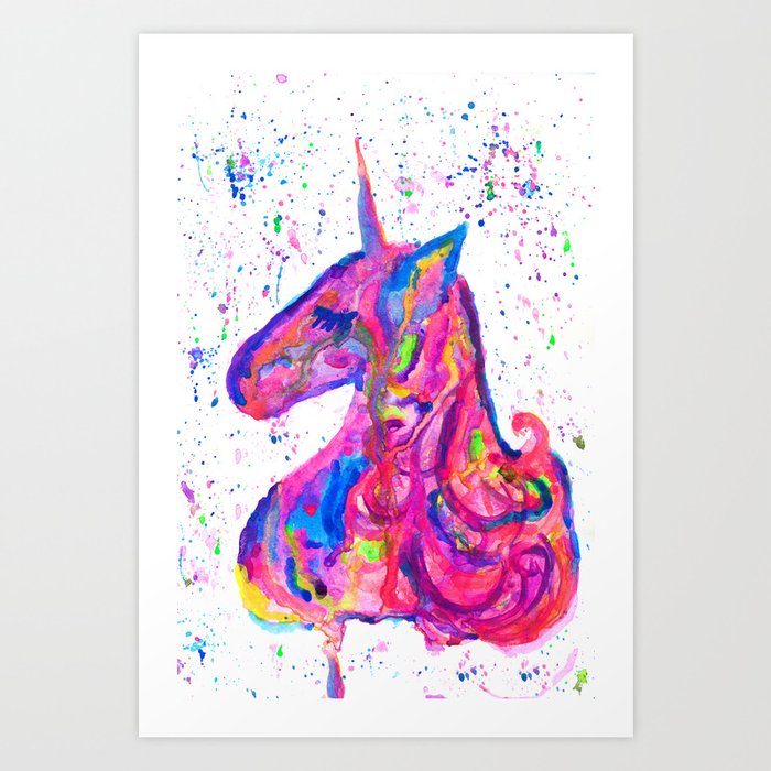 Rainbow Unicorn Watercolor with Colorful Splatter Art Print