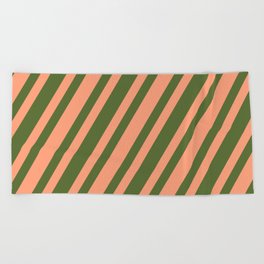 [ Thumbnail: Dark Olive Green & Light Salmon Colored Lines Pattern Beach Towel ]