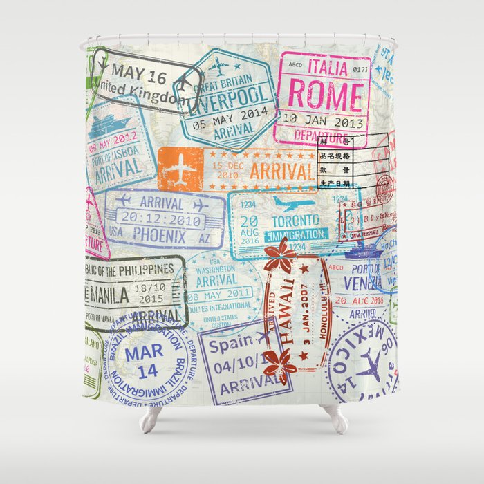 Vintage World Map With Passport Stamps Shower Curtain By
