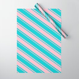 [ Thumbnail: Dark Turquoise and Pink Colored Striped Pattern Wrapping Paper ]