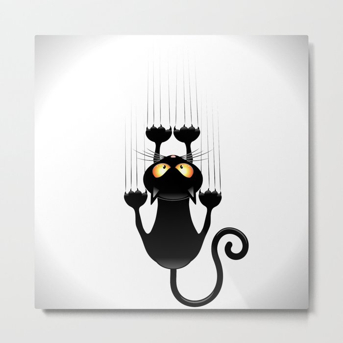 Black Cat Cartoon Scratching Wall Metal Print