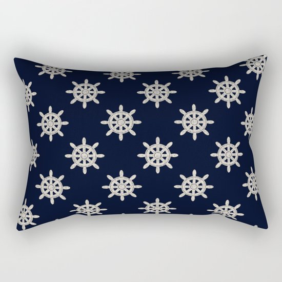 Maritime Design- Nautic Wheel in white on darkblue backround Rectangular Pillow