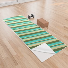 [ Thumbnail: Pale Goldenrod, Dark Olive Green & Turquoise Colored Lines Pattern Yoga Towel ]