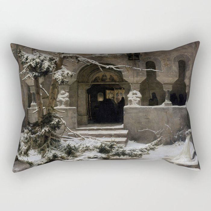 Courtyard of the Monastery Under the Snow - Carl Friedrich Lessing  Rectangular Pillow