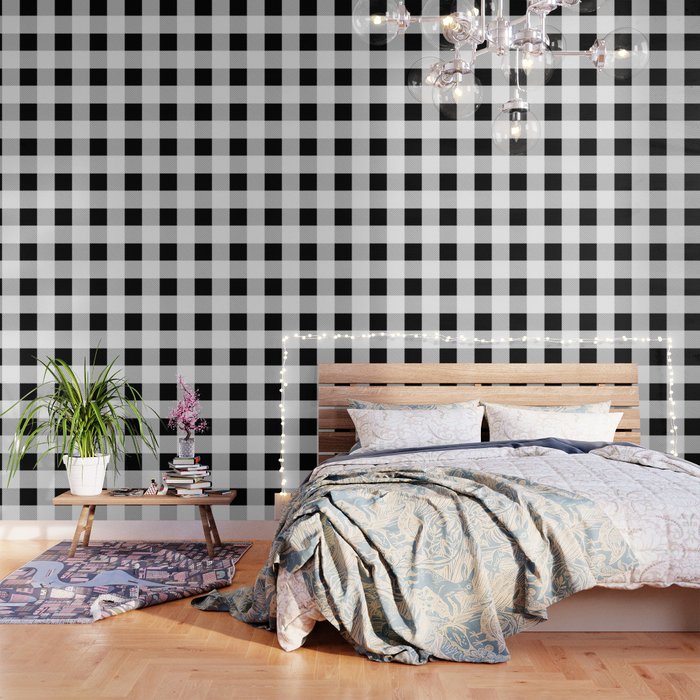 western country french farmhouse black and white plaid tartan gingham print Wallpaper