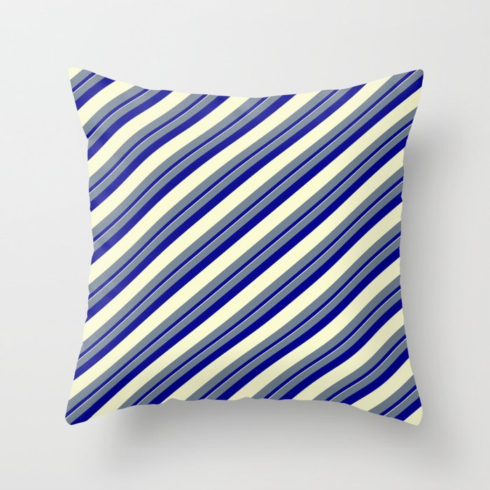 Slate Gray, Dark Blue & Light Yellow Colored Lined Pattern Throw Pillow
