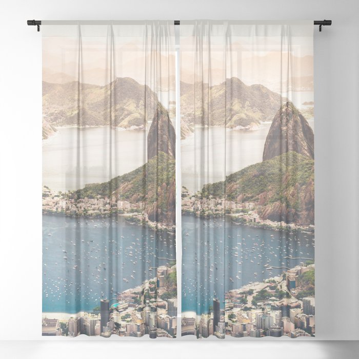 Rio de Janeiro, Brazil aerial view cityscape: Botafogo Bay, Sugarloaf, Ipanema, Copacabana Beach color landscape skyline photographic photography / photograph Sheer Curtain