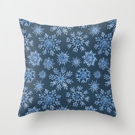 Watercolor Christmas blue snowflakes on dark background Throw Pillow