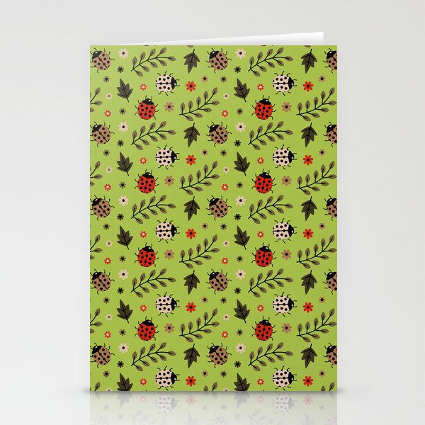 Ladybug and Floral Seamless Pattern on Light Green Background Stationery Cards