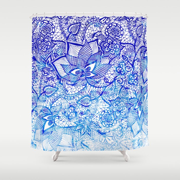 Modern China Blue Ombre Watercolor Floral Lace Hand Drawn