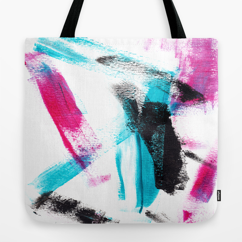 Modern Hand Painted Pink Turquoise Black Brushstrokes Acrylic Paint Tote Bag By Girlytrend Society6