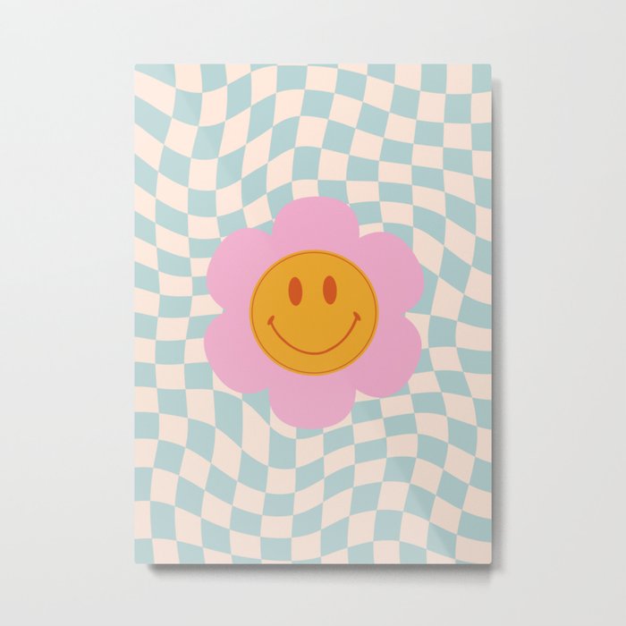 Smiley Flower Face on Pastel Warped Checkerboard Rug by