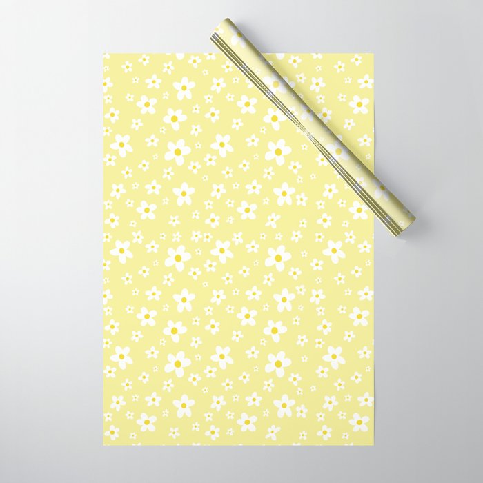 White Daisy Pattern - Pastel Yellow Wrapping Paper