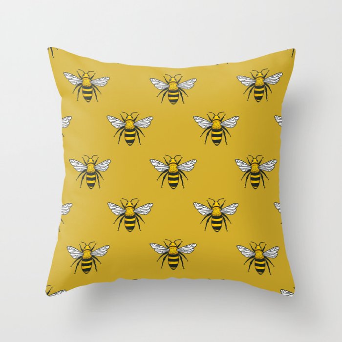 Vintage seamless pattern with yellow bees. Handdrawn design.  Throw Pillow