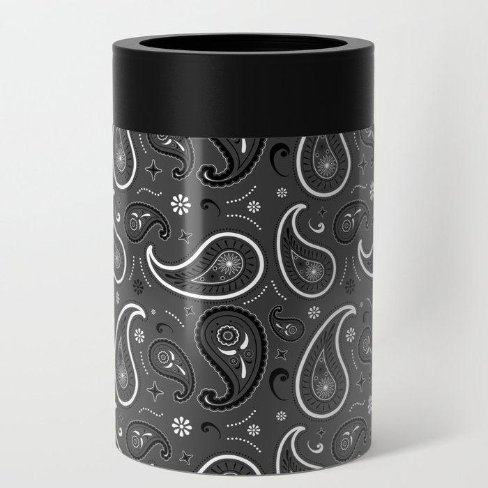 Black and White Paisley Pattern on Dark Grey Background Can Cooler