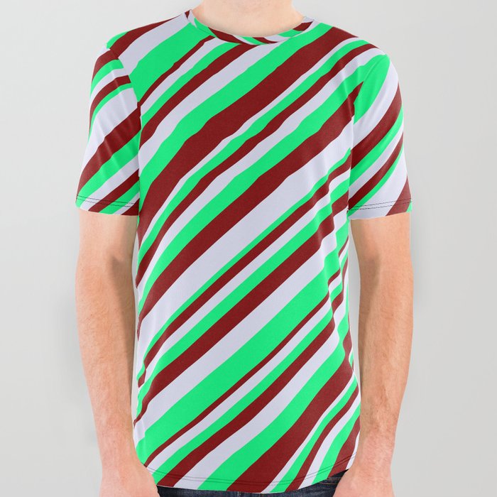Green, Maroon & Lavender Colored Striped/Lined Pattern All Over Graphic Tee
