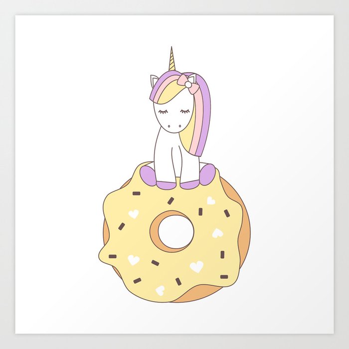cute cartoon unicorn with donut Art Print by Alice Vacca | Society6